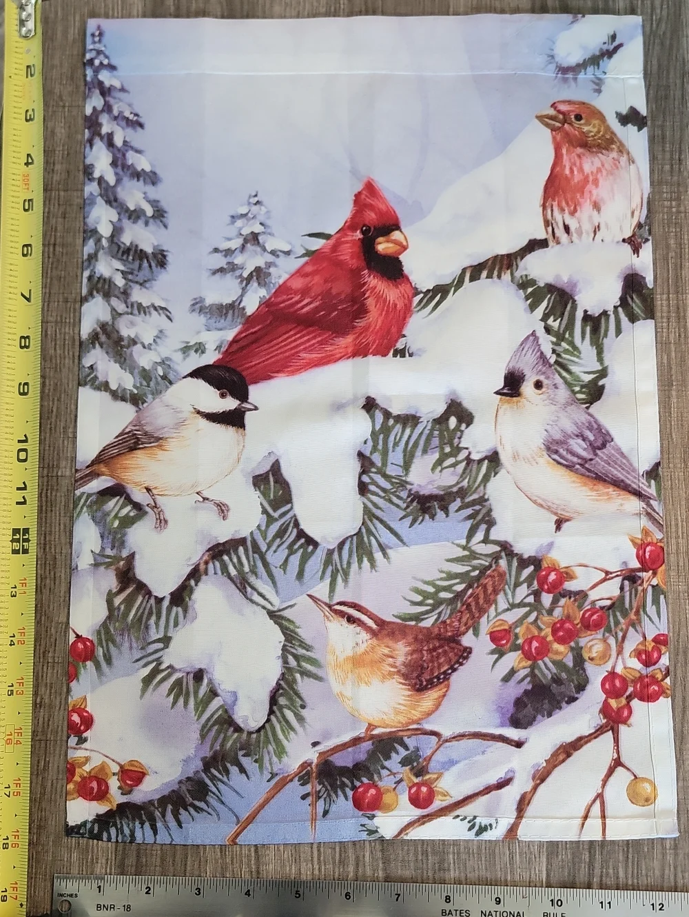 Decorative Seasonal Garden Flag Multi-colored. Birds, Pines & Snow.